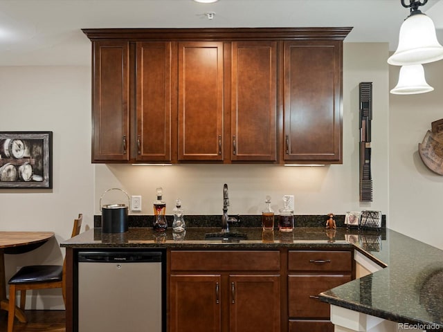 2363 Primo Rd Unit A, Highlands Ranch, CO 80129 - kitchen with dishwasher, dark stone counters, and decorative light fixtures