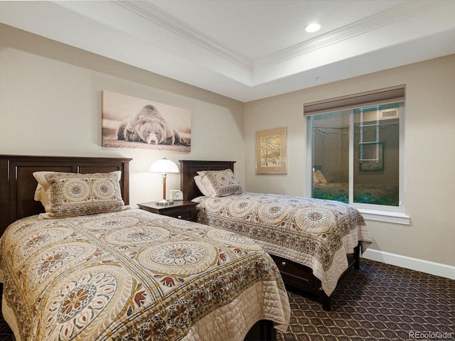 2363 Primo Rd Unit A, Highlands Ranch, CO 80129 - bedroom featuring crown molding, dark carpet, recessed lighting, and a raised ceiling