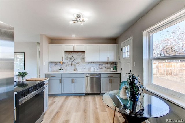 kitchen with appliances with stainless steel finishes, sink, white cabinets, and decorative backsplash