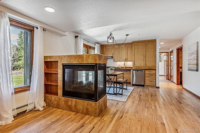 kitchen featuring dishwasher, a healthy amount of sunlight, a textured ceiling, and light hardwood / wood-style flooring