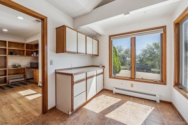 kitchen featuring white cabinets, beam ceiling, light hardwood / wood-style flooring, and baseboard heating