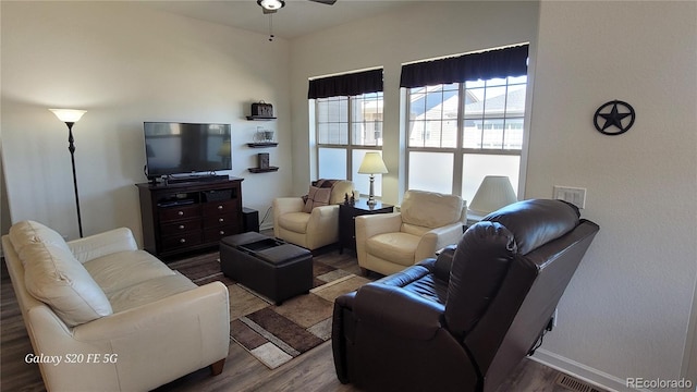 living room featuring ceiling fan and hardwood / wood-style floors