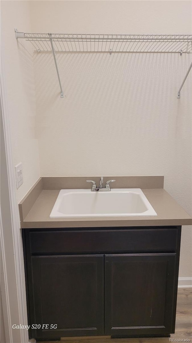 interior space with vanity and wood-type flooring