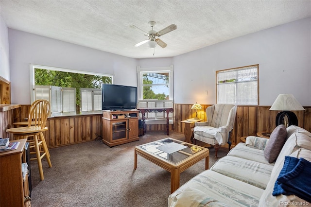 2402 W Uintah St, Colorado Springs, CO 80904 - carpeted living room with a wainscoted wall, wooden walls, ceiling fan, and a textured ceiling