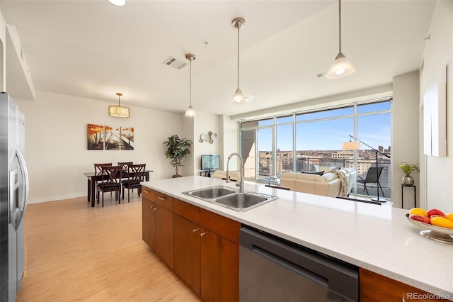 kitchen with pendant lighting, light hardwood / wood-style floors, sink, and appliances with stainless steel finishes