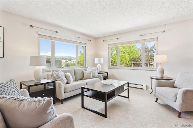 3298 Quail St, Wheat Ridge, CO 80033 - carpeted living area with baseboard heating and a textured ceiling