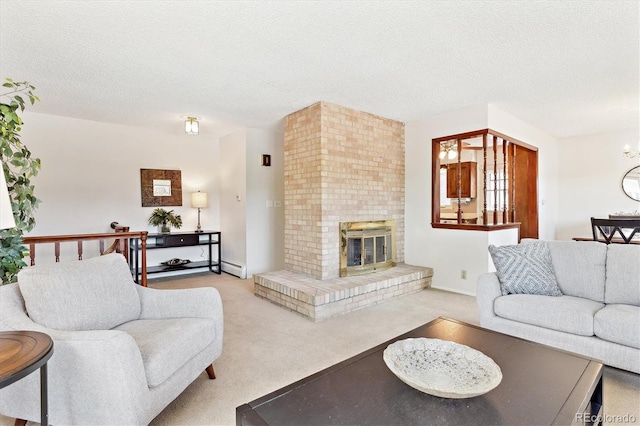 3298 Quail St, Wheat Ridge, CO 80033 - carpeted living room featuring a textured ceiling, a brick fireplace, and a baseboard heating unit