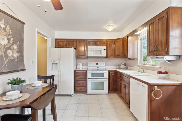 3298 Quail St, Wheat Ridge, CO 80033 - kitchen with white appliances, a sink, light countertops, ceiling fan, and brown cabinetry