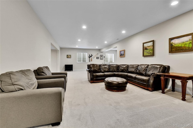 carpeted living room with baseboards and recessed lighting