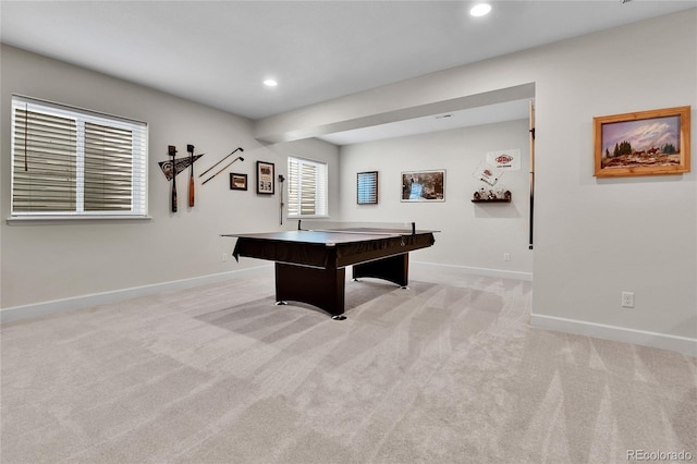 playroom featuring light colored carpet, baseboards, and recessed lighting