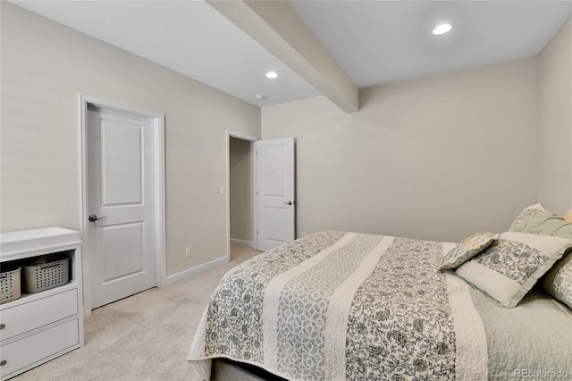 bedroom with light carpet, baseboards, and recessed lighting