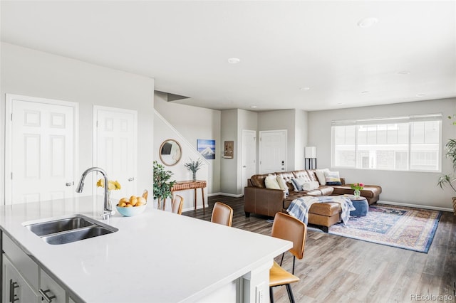 5099 S Robb St, Littleton, CO 80127 - kitchen with a sink, wood finished floors, light countertops, and open floor plan
