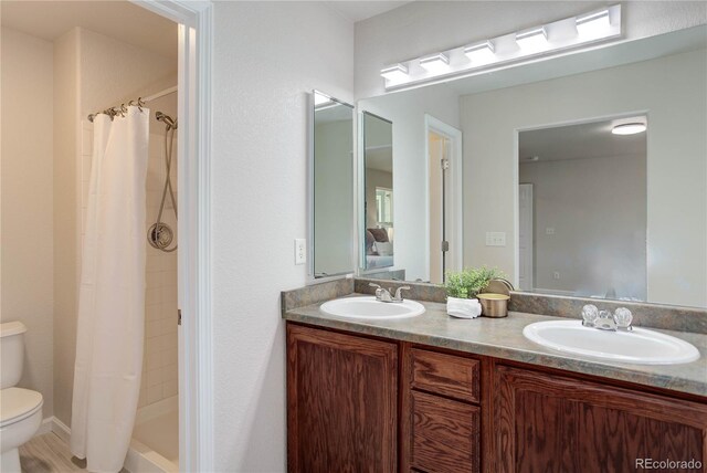 bathroom featuring curtained shower, vanity, and toilet