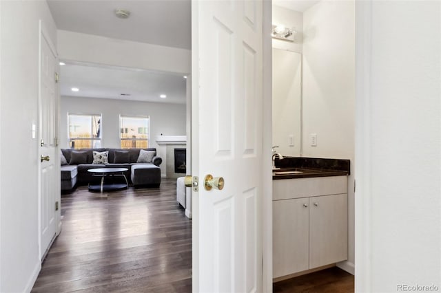 interior space with sink and dark wood-type flooring