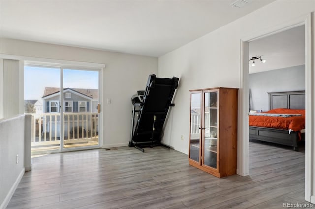 exercise room with light hardwood / wood-style floors