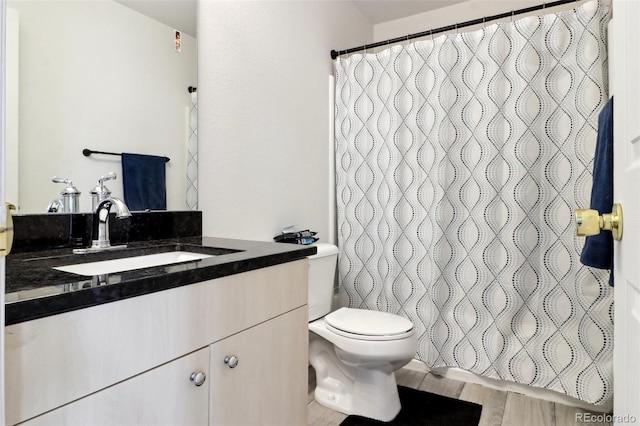 bathroom with vanity, toilet, and wood-type flooring