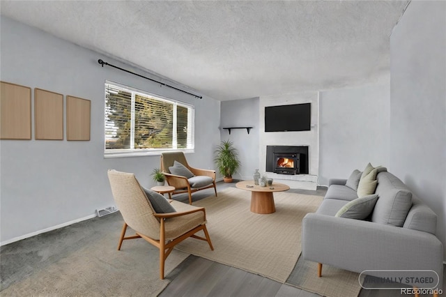 living room with hardwood / wood-style floors and a textured ceiling