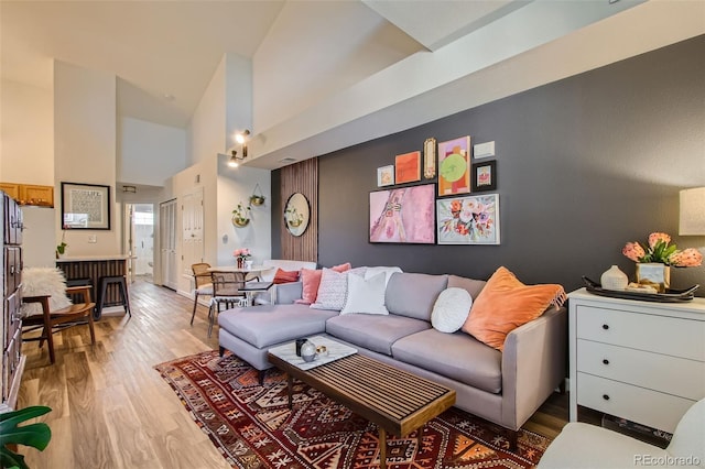 living room featuring hardwood / wood-style flooring and high vaulted ceiling