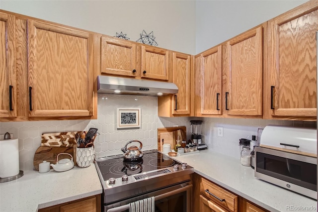 kitchen with tasteful backsplash, light stone countertops, and stainless steel appliances