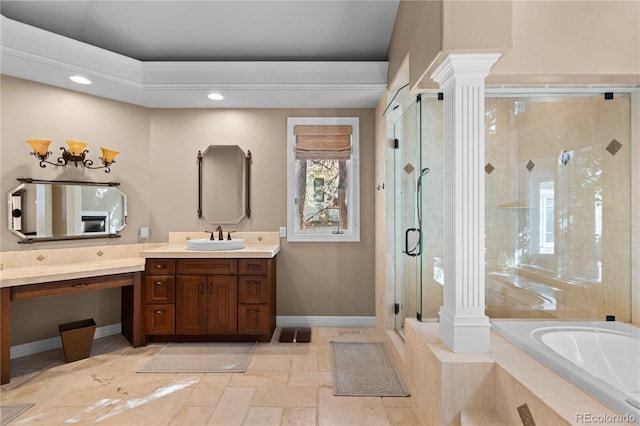 bathroom featuring vanity, plus walk in shower, and ornate columns