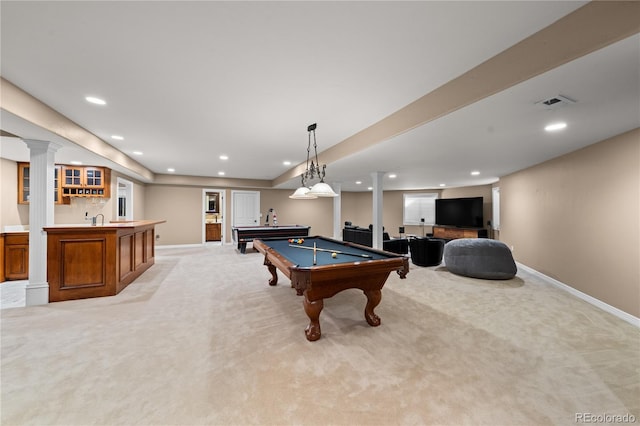 game room with billiards, light colored carpet, and indoor wet bar