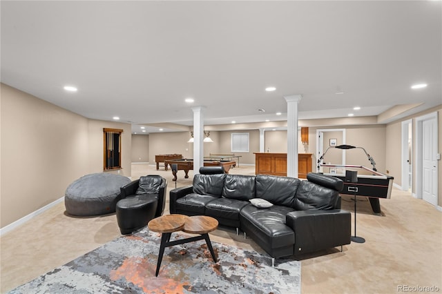 carpeted living room featuring pool table