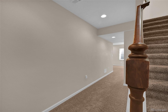 3266 Riverwood Way, Castle Rock, CO 80109 - stairway featuring carpet floors, baseboards, recessed lighting, and visible vents