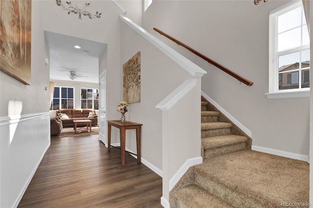 3266 Riverwood Way, Castle Rock, CO 80109 - stairway featuring baseboards, a ceiling fan, and wood finished floors