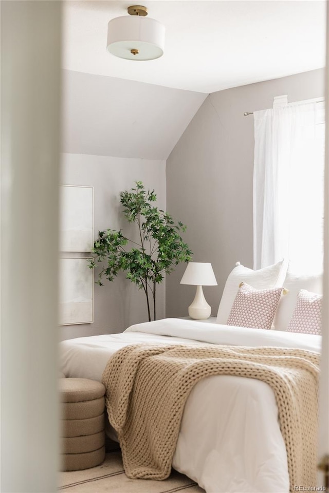 bedroom with lofted ceiling