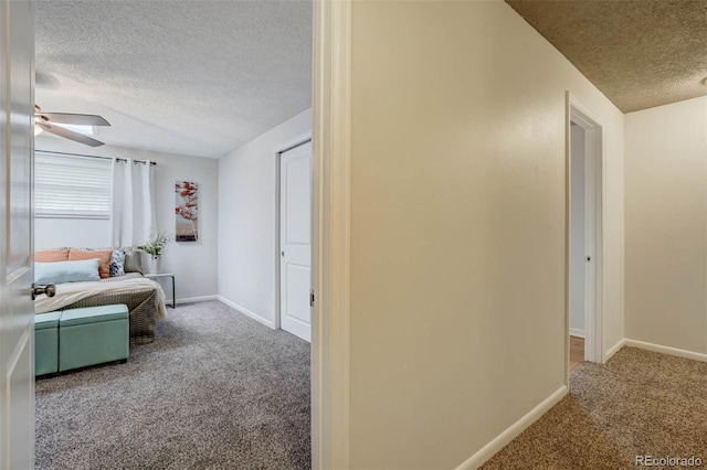 hallway featuring carpet floors and a textured ceiling