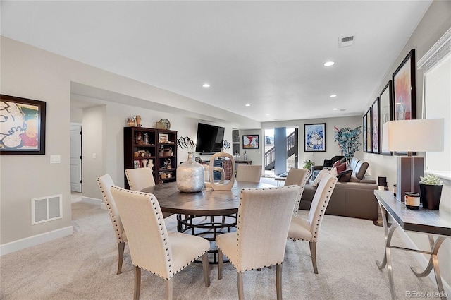 dining area with light carpet, visible vents, recessed lighting, and baseboards