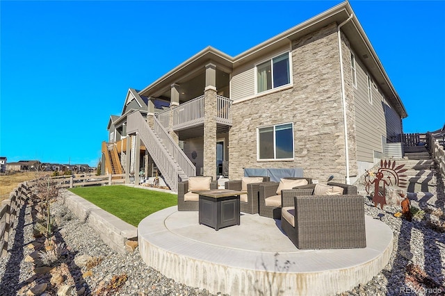 exterior space with a patio, stairway, a yard, and an outdoor hangout area