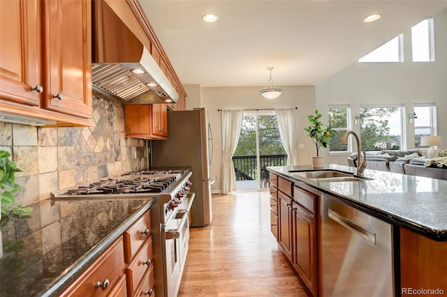 23427 Song Bird Hills Pl, Parker, CO 80138 - kitchen with appliances with stainless steel finishes, exhaust hood, a sink, brown cabinets, and light wood-type flooring