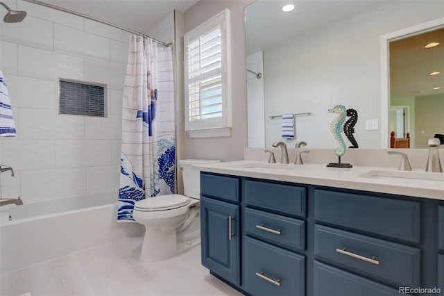 23427 Song Bird Hills Pl, Parker, CO 80138 - full bathroom with shower / bathtub combination with curtain, toilet, double vanity, and recessed lighting