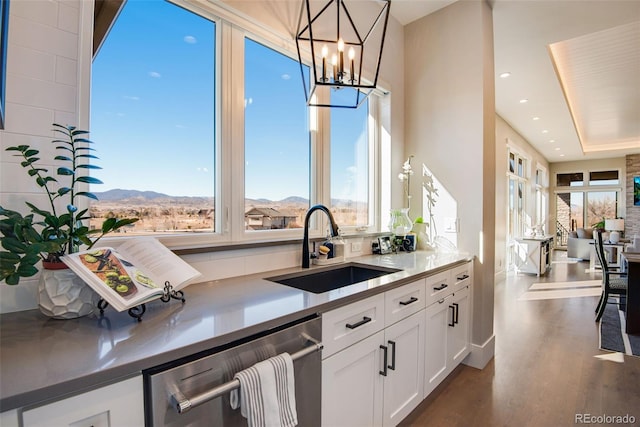 kitchen featuring a sink, stainless steel dishwasher, dark wood finished floors, white cabinetry, and a mountain view