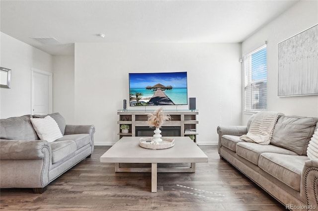 living area featuring a glass covered fireplace, baseboards, and wood finished floors