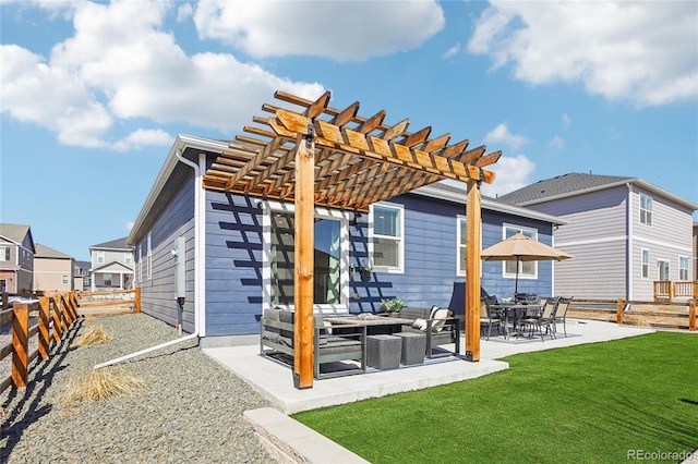 rear view of house featuring a pergola, a patio, a fenced backyard, a yard, and a residential view