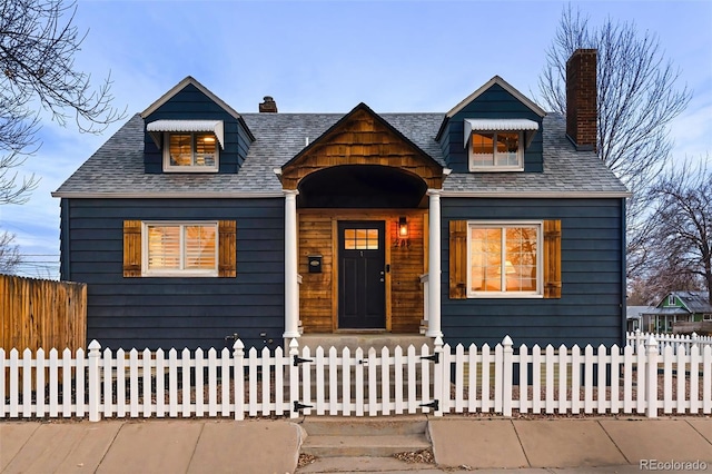 view of front of home with a shingled roof, a fenced front yard, and a chimney