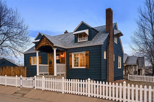 view of front of home featuring a fenced front yard, covered porch, a chimney, and a gate