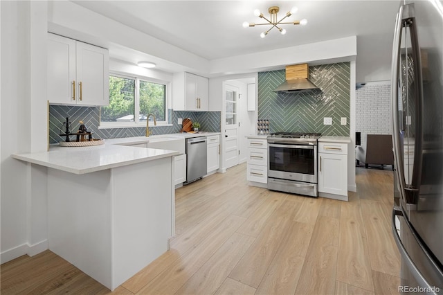 kitchen with kitchen peninsula, wall chimney exhaust hood, backsplash, white cabinetry, and stainless steel appliances