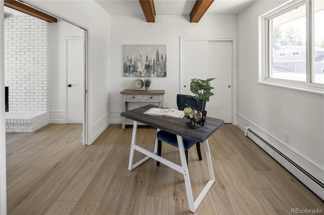 office with light wood-type flooring, beamed ceiling, a brick fireplace, and baseboard heating