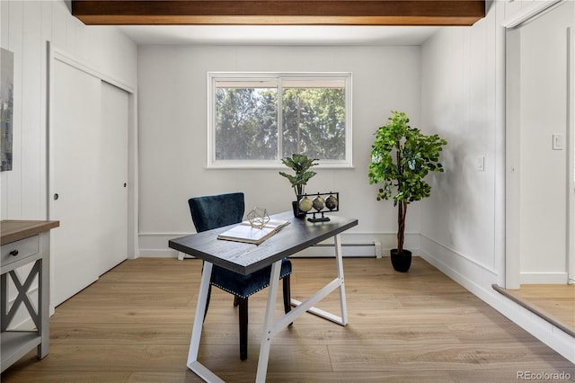 office space featuring light hardwood / wood-style floors, beam ceiling, and a baseboard heating unit