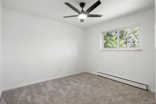 unfurnished room featuring ceiling fan, light colored carpet, and a baseboard heating unit