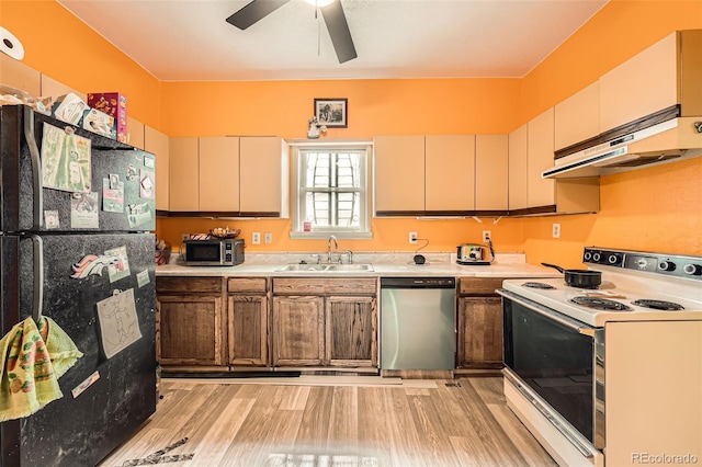 kitchen with light wood-style floors, a sink, under cabinet range hood, and stainless steel appliances