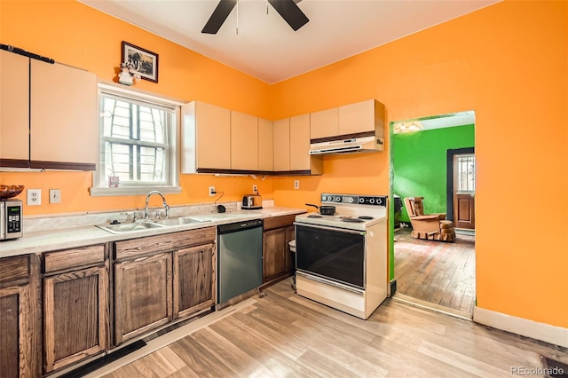 kitchen with a sink, light wood-style floors, under cabinet range hood, white electric stove, and dishwashing machine