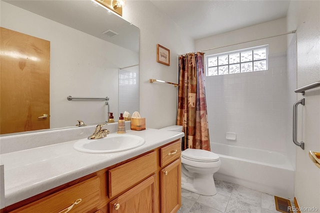 full bathroom with toilet, visible vents, shower / bath combo with shower curtain, and vanity