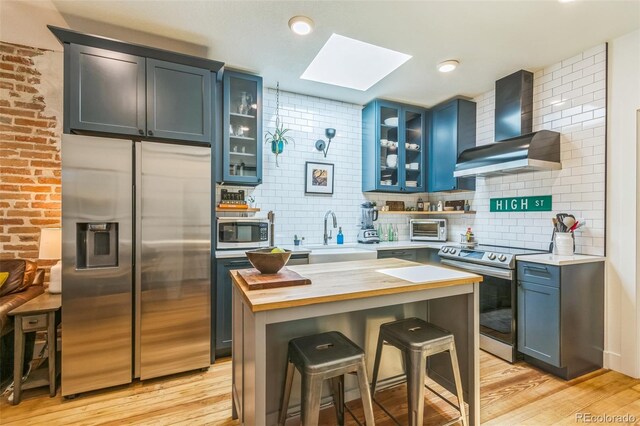3329 N High St, Denver, CO 80205 - kitchen with a sink, wall chimney exhaust hood, a skylight, butcher block countertops, and appliances with stainless steel finishes