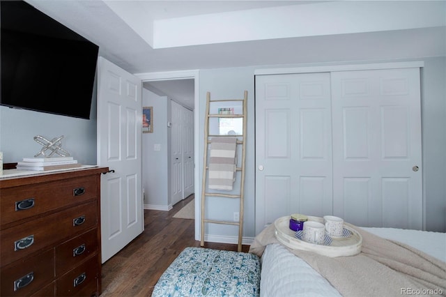 bedroom featuring dark wood-type flooring and a closet