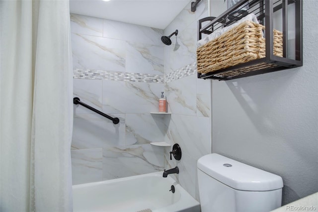 bathroom with toilet and shower / bathtub combination with curtain