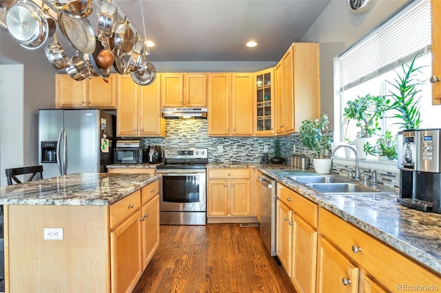 kitchen with stone counters, sink, a center island, dark hardwood / wood-style floors, and appliances with stainless steel finishes